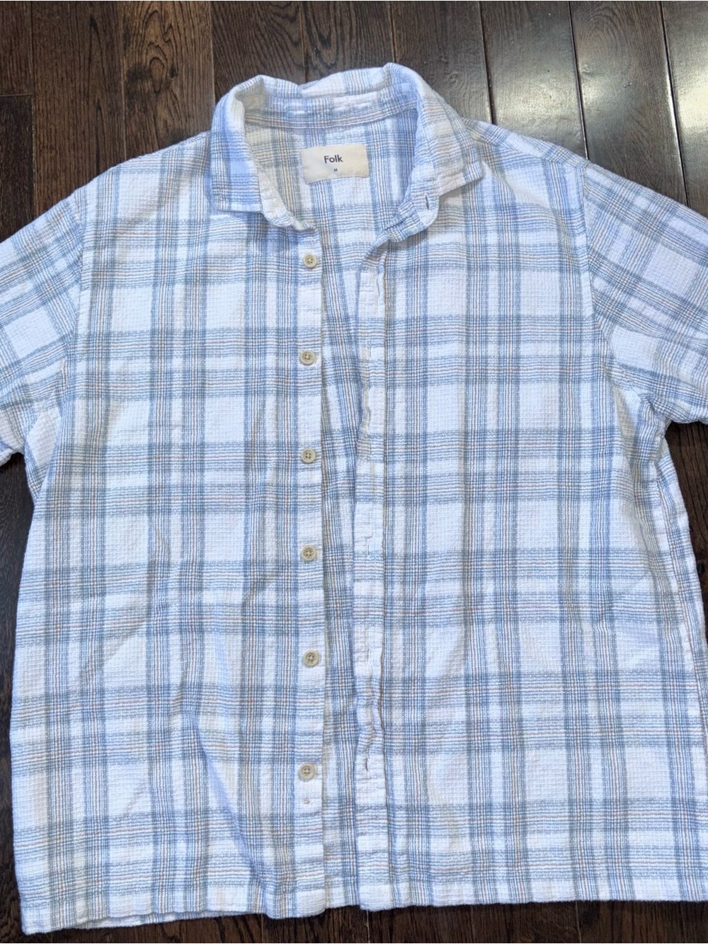 Folk Light Blue and White Plaid Short-Sleeve Button-Down Shirt